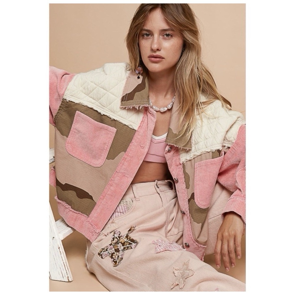 POL Pink Camo Patchwork Trucker Jacket Quilted Corduroy Boxy Oversized Sz. M
